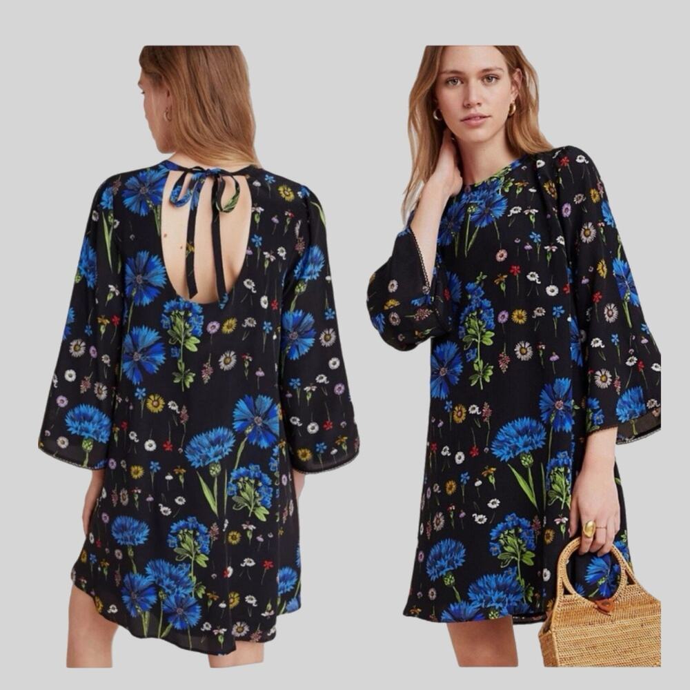 Anthropologie Maeve Lucinda 100% Silk Mini Dress BlackBlue Floral M Garden Fairy